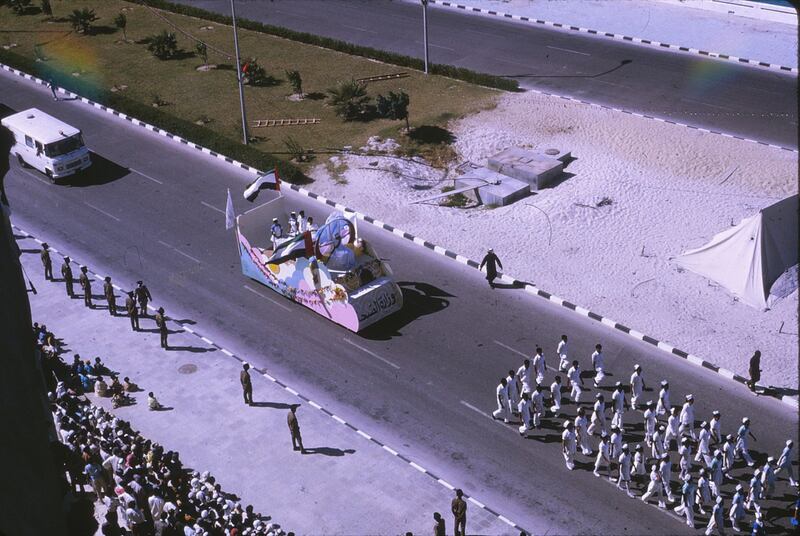 The UAE celebrates its second Union Day, in 1973, with a parade along the old Corniche in Abu Dhabi. Photo: Peter Alves