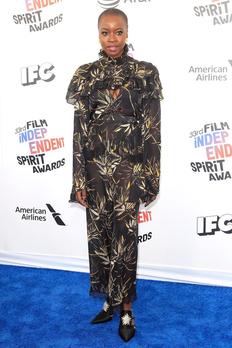 'Black Panther' star Danai Gurira opted for a Rodarte chiffon ensemble, which she paired with Roger Vivier mules. Nina Prommer / EPA