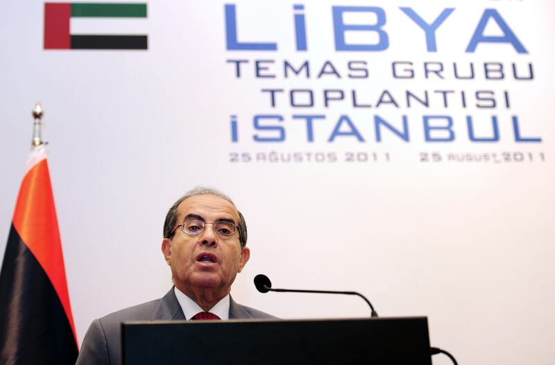 Mahmoud Jibril, number two in the Libyan rebels' National Transitional Council (NTC) speaks duing a press conference with Turkish Foreign Minister Ahmet Davutoglu on August 26, 2011 in Istanbul. Jibril said the West must release all Libya's frozen assets in order for a new government to succeed following the uprising against Moamer Kadhafi. AFP PHOTO / MUSTAFA OZER
 *** Local Caption ***  682969-01-08.jpg