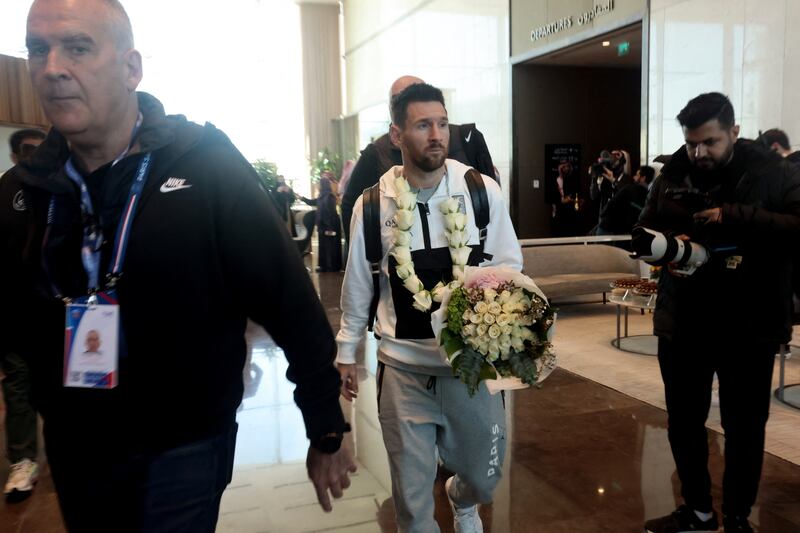PSG star Lionel Messi arrives at the King Khalid International Airport in Riyadh on Thursday for a friendly against Cristiano Ronaldo's Saudi XI. Reuters
