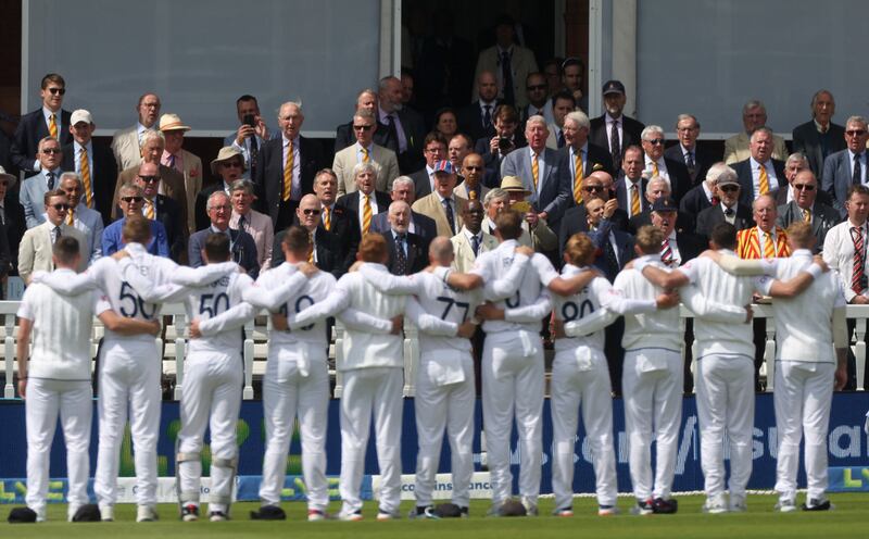 Marylebone Cricket Club members and the England team during the national anthem at Lord's. Reuters