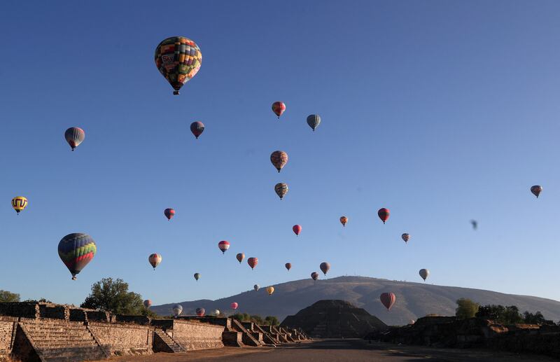 Hot-air balloons above the Pyramid of the Moon in the pre-Hispanic city of Teotihuacan, on the outskirts of Mexico City. Reuters