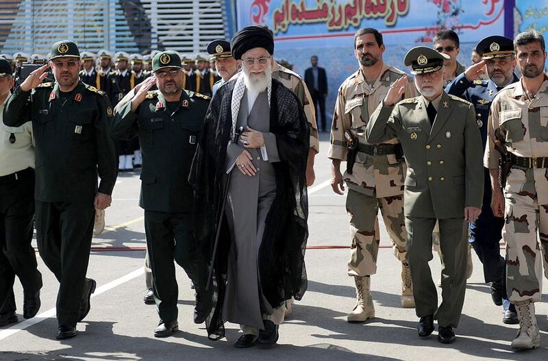 Iran’s supreme leader, Ayatollah Ali Khamenei, inspects at the Military College of Tehran on Saturday. AFP / HO / Khamenei.ir