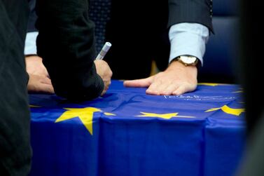 An EU flag in Luxembourg. The eurozone beat expectations for the start of the year. AP