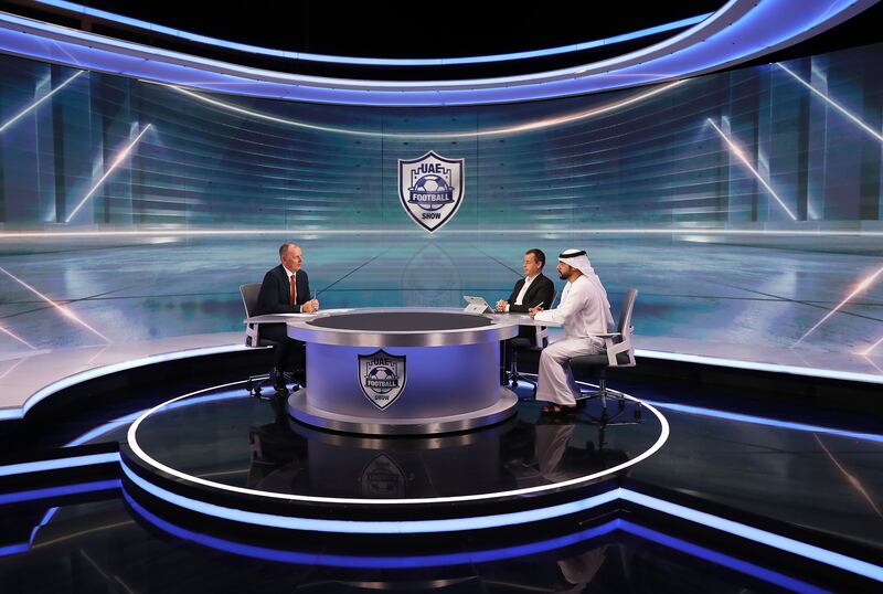 Graham Clews, Pedro Correia, and Abdullah Al Saadi during recording for The UAE Football Show. Pawan Singh / The National 