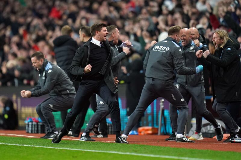 Aston Villa manager Steven Gerrard celebrates the opening goal scored Ollie Watkins against Brighton and Hove Albion at Villa Park on Saturday, November 20, 2021. PA