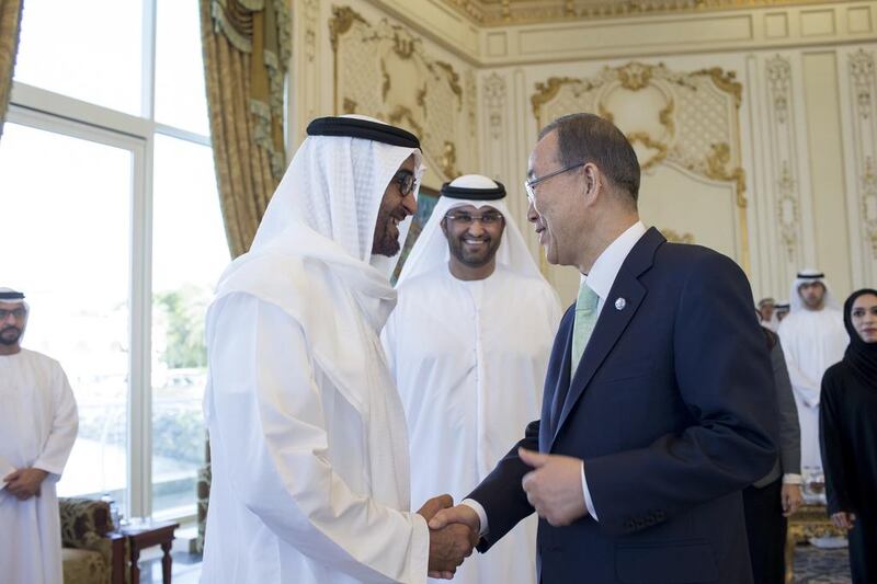 Sheikh Mohammed greets Ban Ki-Moon Secretary-General of the United Nations. Seen with E Dr Sultan Ahmed Al Jaber, UAE Minister of State, chief executive of Masdar and Chairman of the Abu Dhabi Ports Company. Ryan Carter / Crown Prince Court - Abu Dhabi