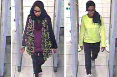 Shamima Begum (centre), then aged 15, and two teenage friends pass through Heathrow Airport on their way to Syria in 2015. Metropolitan Police via AP