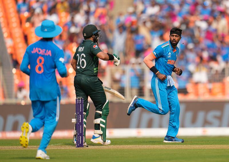 India's Hardik Pandya celebrates the wicket of Pakistan's Imam-ul-Haq. AP