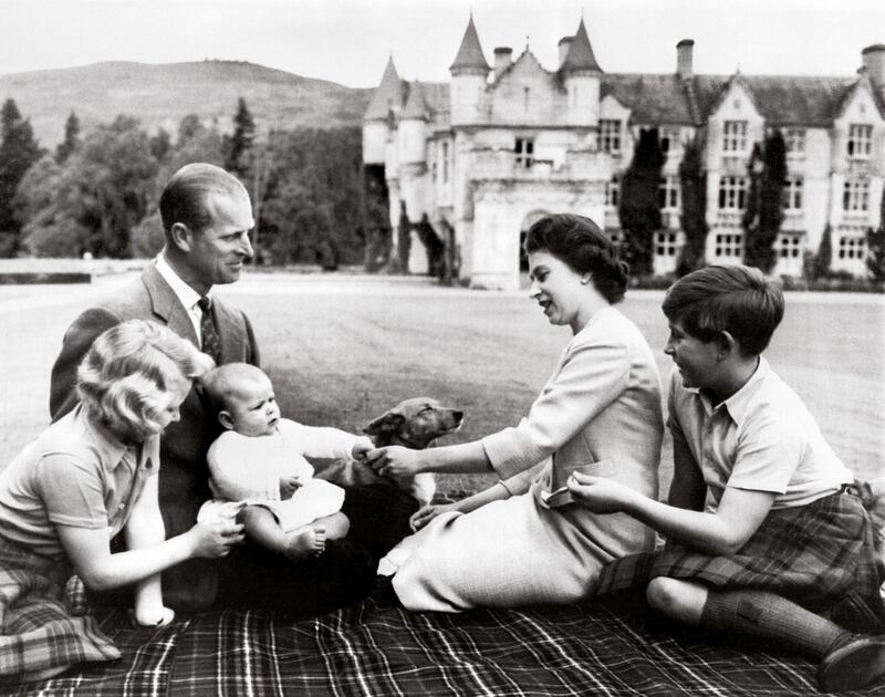 Queen Elizabeth II, Prince Philip and their three children, Prince Charles, Princess Anne, and Prince Andrew in Balmoral on September 8, 1960.