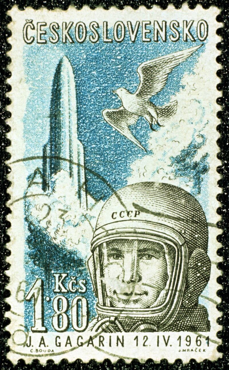 UNSPECIFIED - CIRCA 1754: Yuri Gargarin, 1961. Gargarin (1934-1968), Russian cosmonaut and the first man to travel in space. Czech postage stamp commemorating Gargarin's flight in 'Vostok', 12 April 1961. (Photo by Universal History Archive/Getty Images)