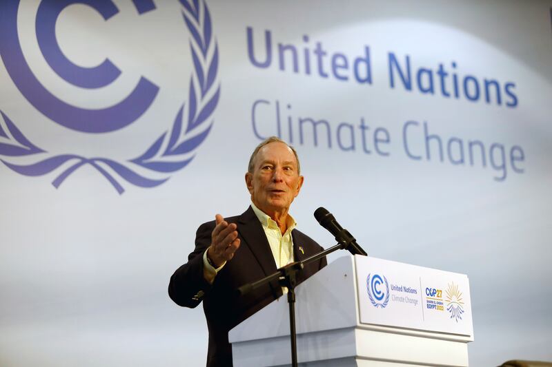 Michael Bloomberg, the UN secretary general's special envoy on climate ambition and solutions, speaks at Cop27 in Sharm El Sheikh, Egypt. AP 