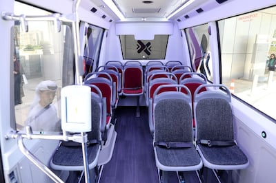 ABU DHABI ,  UNITED ARAB EMIRATES , AUGUST 20 – 2019 :- Interior of the Dot Links bus after the press conference about the latest updates of the public transport sector at the Department of Transport HQ in Abu Dhabi. ( Pawan Singh / The National ) For News. Story by Haneen