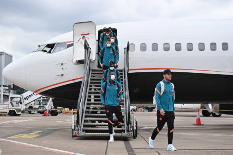 Ben Chilwell and Tammy Abraham of Chelsea arrive in Belfast for the Super Cup clash against Villarreal.