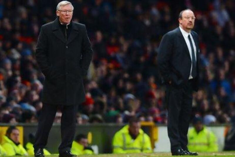 Manchester United manager Sir Alex Ferguson and Chelsea manager Rafael Benitez on the touchline.