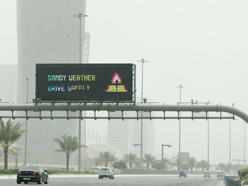 A warning sign about sandy weather on the roads in Abu Dhabi from earlier in the year. Khushnum Bhandari / The National