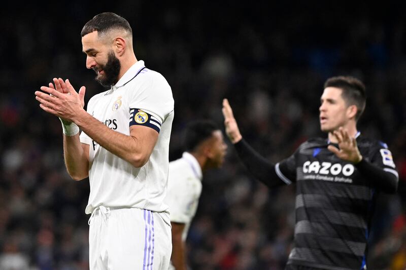 Real Madrid forward Karim Benzema reacts during the match against Real Sociedad. AFP