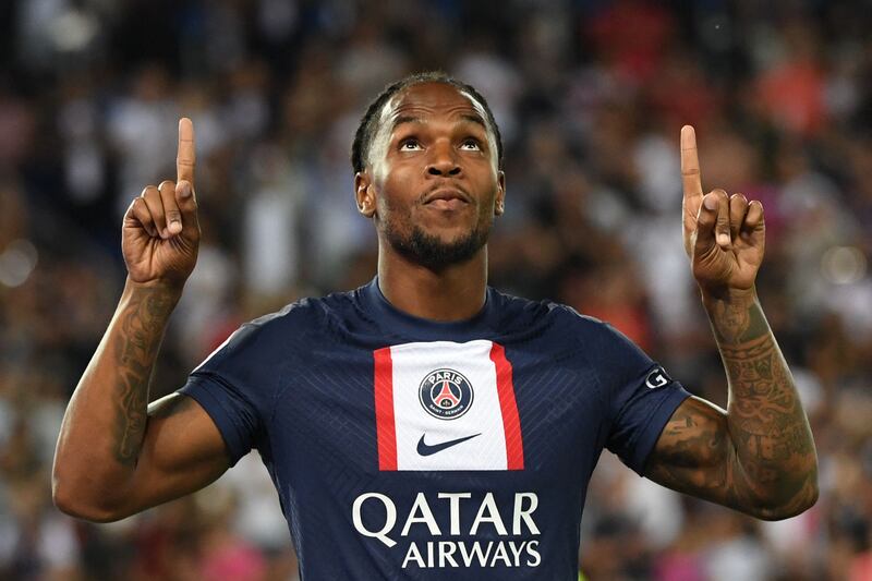 Paris Saint-Germain's midfielder Renato Sanches celebrates after scoring his team's fifth goal. AFP