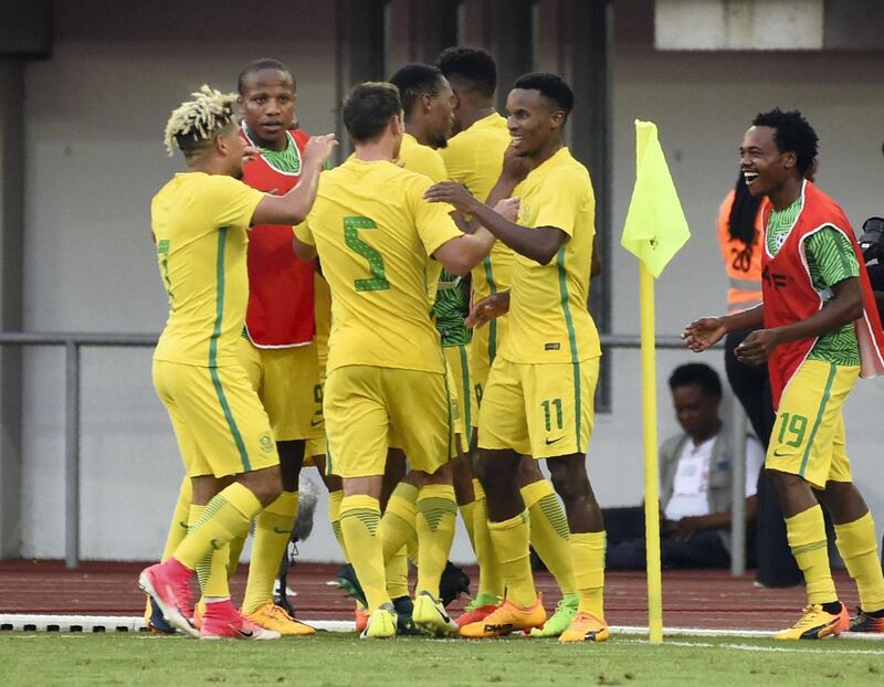 South African national football team celebrates a goal during the 2019 African Cup of Nations qualifyer football match between South Africa and Nigeria at Goodswill Akpabio International Stadium in the southern city of Uyo, Akwa Ibom State on June 10, 2017. (Photo by PIUS UTOMI EKPEI / AFP)
