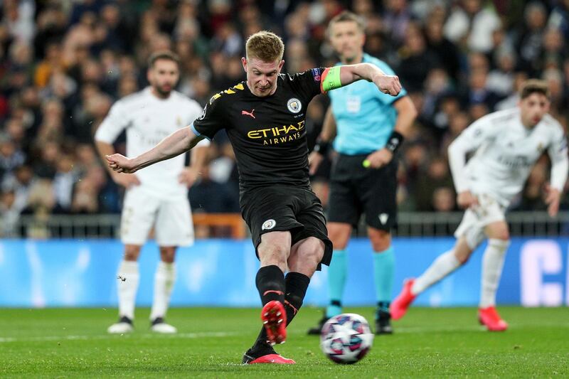 epa08250926 Manchester City's Kevin De Bruyne scores on penalty during the UEFA Champions League round of 16, first leg, soccer match between Real Madrid and Manchester City at Santiago Bernabeu stadium in Madrid, Spain, 26 February 2020.  EPA/RODRIGO JIMENEZ