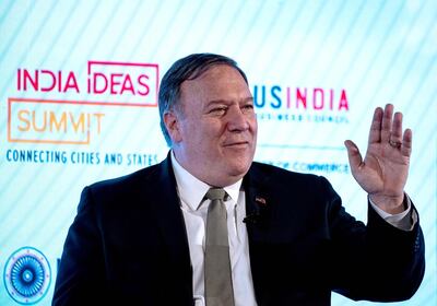 US Secretary of State Mike Pompeo addresses the India Ideas Summit in Washington, DC, on June 12, 2019. Pompeo said on June 10, 2019, he would visit India this month to forge closer relations with re-elected Prime Minister Narendra Modi. / AFP / NICHOLAS KAMM
