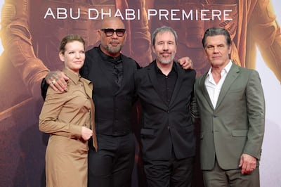 From left: Film producer Tanya Lapointe, actor Dave Bautista, director Denis Villeneuve and actor Josh Brolin attend the Dune: Part Two premiere in Abu Dhabi. AFP