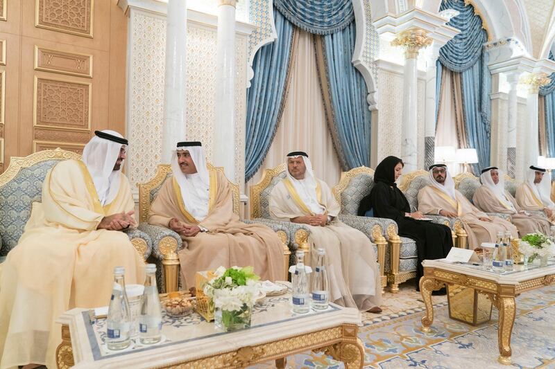 ABU DHABI, UNITED ARAB EMIRATES - September 18, 2018: (L-R) HE Mohamed Abdulla Al Gergawi, UAE Minister of Cabinet Affairs and the Future, HE Ahmed Juma Al Zaabi, UAE Deputy Minister of Presidential Affairs HE Dr Anwar bin Mohamed Gargash, UAE Minister of State for Foreign Affairs, HE Reem Ibrahim Al Hashimi, UAE Minister of State for International Cooperation, HE Hussain Ibrahim Al Hammadi, UAE Minister of Education, HE Sultan bin Saeed Al Badi, UAE Minister of Justice, and HE Dr Thani Al Zeyoudi, UAE Minister for Climate Change and Environment, attend the swearing-in ceremony for ministers of the United Arab Emirates.

(Rashed Al Mansoori / Crown Prince Court - Abu Dhabi )
---