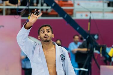 Emirati Zayed Al Katheeri celebrates after winning gold in the men’s 56-kilogram weight at the sixth Asian Championship in Bahrain on Monday. Photo: UAEJJF