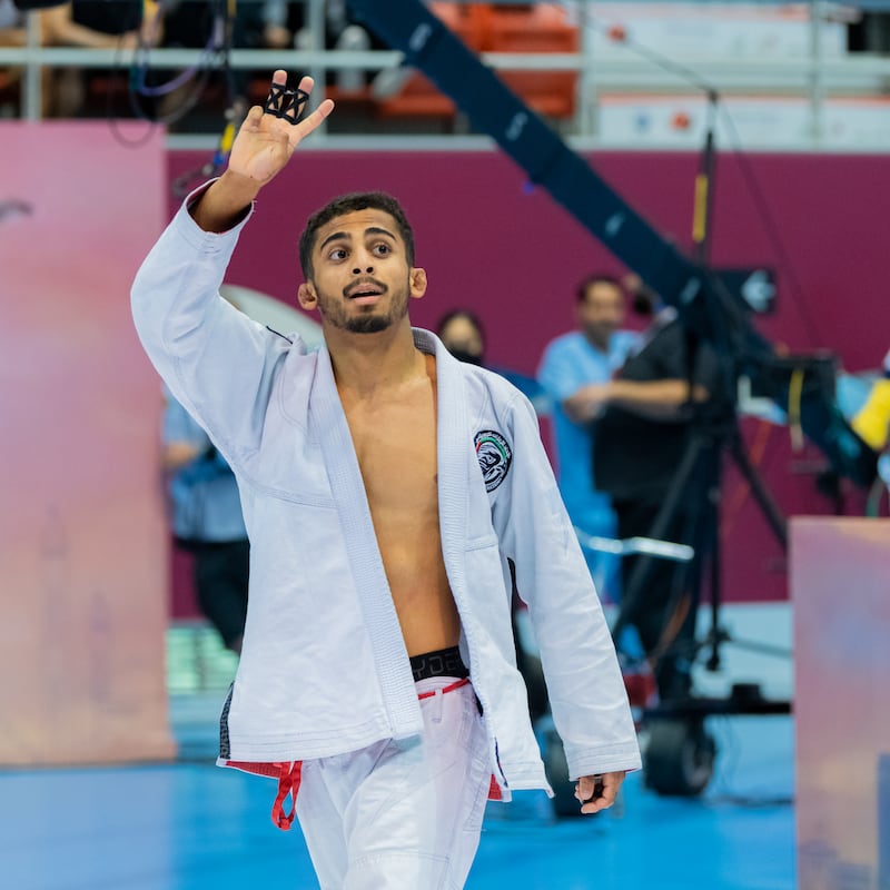 Emirati Zayed Al Katheeri celebrates after winning gold in the men’s 56-kilogram weight at the sixth Asian Jiu-Jitsu Championship in Bahrain on Monday. Photo: UAEJJF