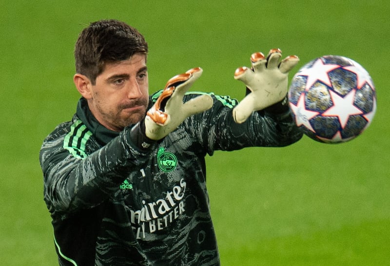 Real Madrid goalkeeper Thibaut Courtois in action during a training session. EPA