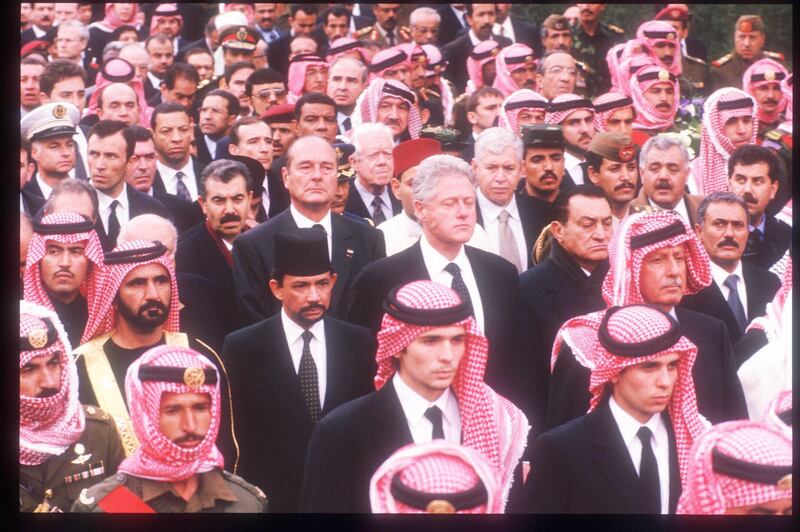 346480 13: President Clinton joins the funeral procession of King Hussein February 8, 1999 in Amman, Jordan. There were more than 40 kings, presidents, prime ministers, and other leaders, and an estimated 800,000 Jordanians arriving to pay their respects to the Middle East peace leader. (Photo by Scott Peterson/Liaison/Getty Images)