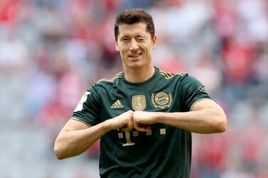 MUNICH, GERMANY - SEPTEMBER 18: Robert Lewandowski of FC Bayern Muenchen celebrates his first goal during the Bundesliga match between FC Bayern München and VfL Bochum at Allianz Arena on September 18, 2021 in Munich, Germany. (Photo by Alexander Hassenstein / Getty Images)