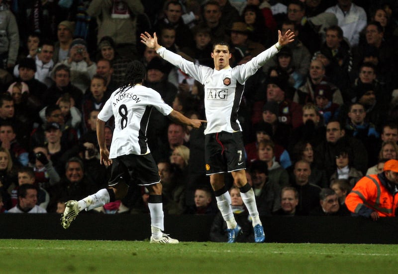 Cristiano Ronaldo celebrates scoring for Manchester United away to Aston Villa in the FA Cup third round on January 5, 2008. AFP