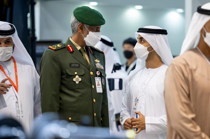ABU DHABI, UNITED ARAB EMIRATES - February 25, 2021: HE Brigadier General Saleh Mohamed Saleh Al Ameri, Commander of the UAE Ground Forces (2nd R) and HH Sheikh Hamdan bin Mohamed bin Zayed Al Nahyan (R), tour the International Defence Exhibition and Conference (IDEX), at ADNEC.

( Rashed Al Mansoori / Ministry of Presidential Affairs )
---
