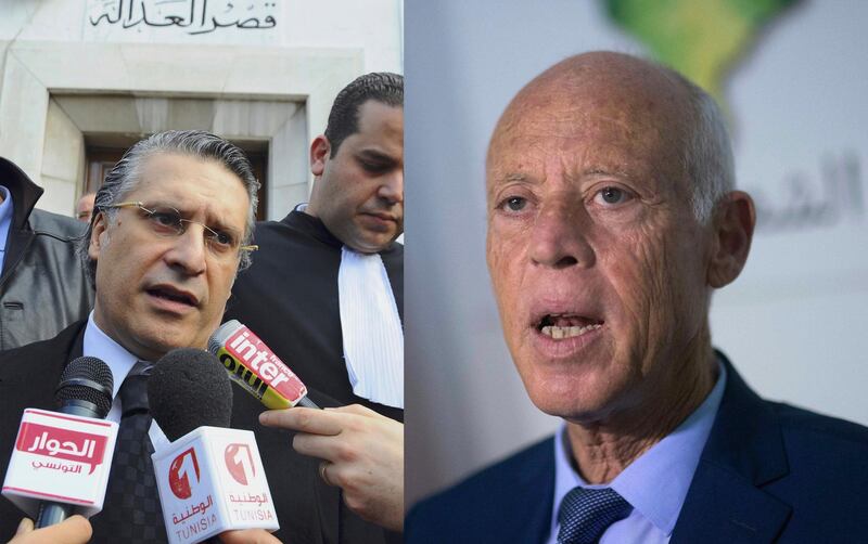 This combination photo shows Nabil Karoui speaking to press after his trial in Tunis, Jan. 23, 2012, left, and Kais Saied speaking to the media in Tunis, Sept. 17, 2019. Tunisiaâ€™s electoral authority says on Tuesday, Sept. 17 that jailed media magnate Nabil Karoui and independent law professor Kais Saied are advancing to the countryâ€™s presidential election runoff. The electoral commission has announced that the two outsider candidates have come out on top in the first round of voting. (AP Photo)