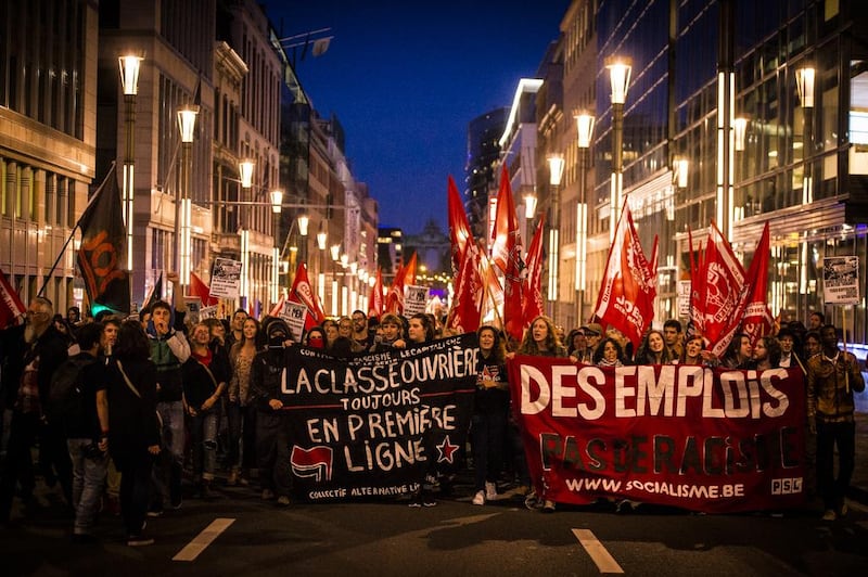 Banners read ‘The working class always on the front line’ and ‘Jobs, not racism’ at a protest against Front National leader Marine Le Pen’s visit to Brussels in September 2015. Laurie Dieffembacq / AFPIEQ.