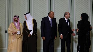 The foreign ministers of Saudi Arabia, Qatar, Jordan and Egypt, along with UAE Minister of State for International Co-operation Reem Al Hashimy, with US Secretary of State Antony Blinken in Cairo on March 21. Reuters