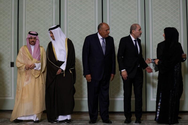 The foreign ministers of Saudi Arabia, Qatar, Jordan and Egypt, along with UAE Minister of State for International Co-operation Reem Al Hashimy, with US Secretary of State Antony Blinken in Cairo on March 21. Reuters