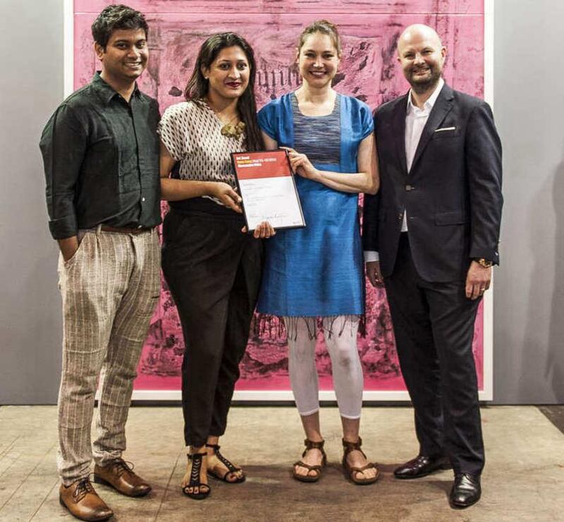 Prateek & Priyanka Raja, Experimenter; Nadia Kaabi-Linke, winning artist; Magnus Renfrew, Director Asia, Art Basel during Art Basel Hong Kong at the Hong Kong Convention and Exhibition Centre in Hong Kong, China. (Xaume Olleros / Art Basel)