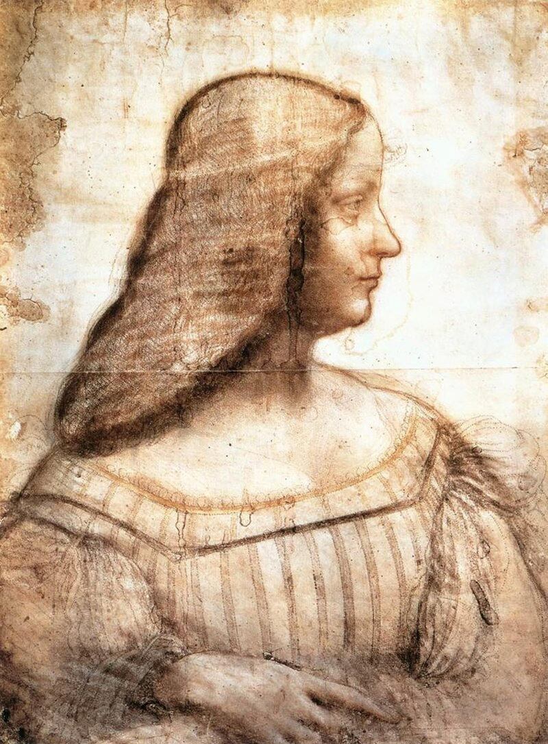 'Portrait of Isabella d'Este' (1499-1500). The drawing was created with black, red and yellow pastel chalk on paper. It is housed at the Louvre, Paris