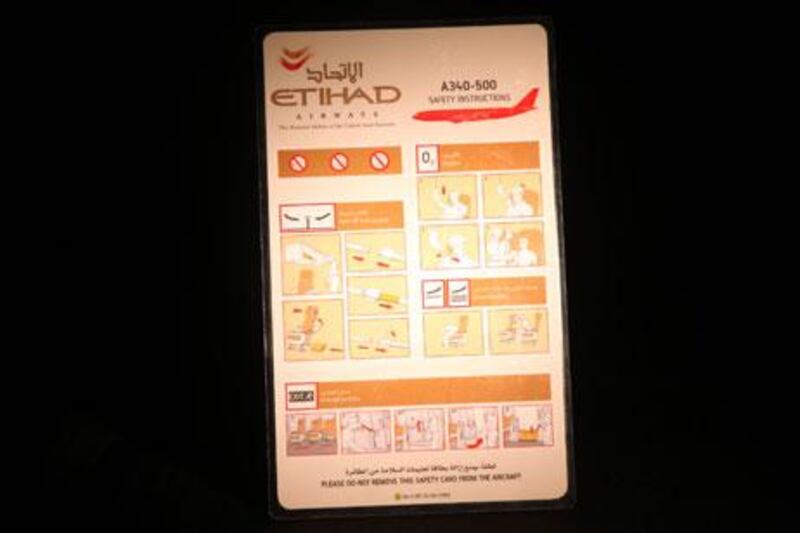 A safety card from an Etihad Airbus A340, 2003. To mark the nation's 40th anniversary, we are featuring 40 historic objects in a series from Sunday to Thursday weekly until December 1. Visit <a href="http://www.thenational.ae/40@40">40@40</a> for videos documenting the stories behind the objects.