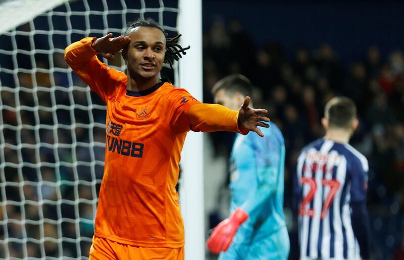 Newcastle United's Valentino Lazaro celebrates scoring their third goal for a 3-0 lead over West Brom. Reuters