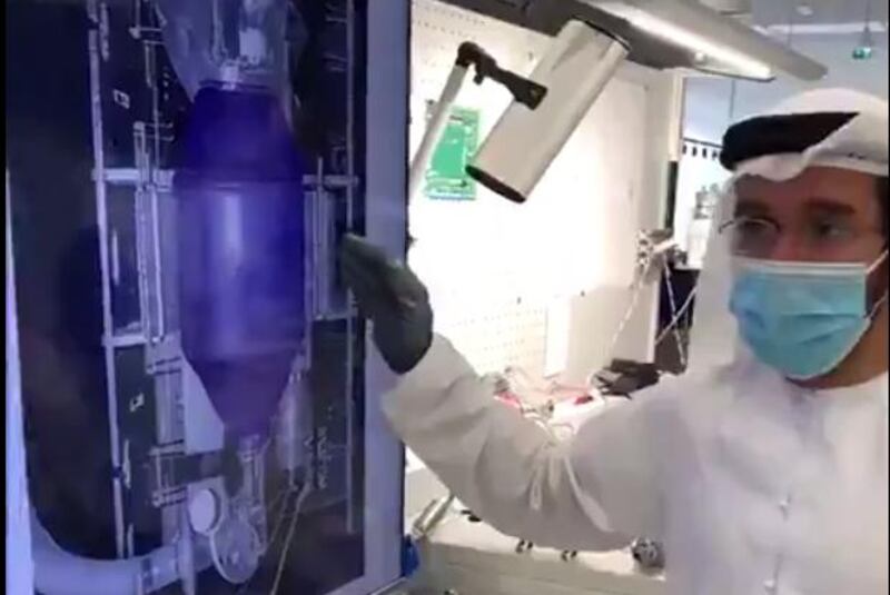 A screen grab of a video shared by Sheikh Hamdan shows Khalifa Al Qama, director of laboratories at the Dubai Future Foundation, explaining how a ventilator was made in the UAE. Courtesy: Sheikh Hamdan