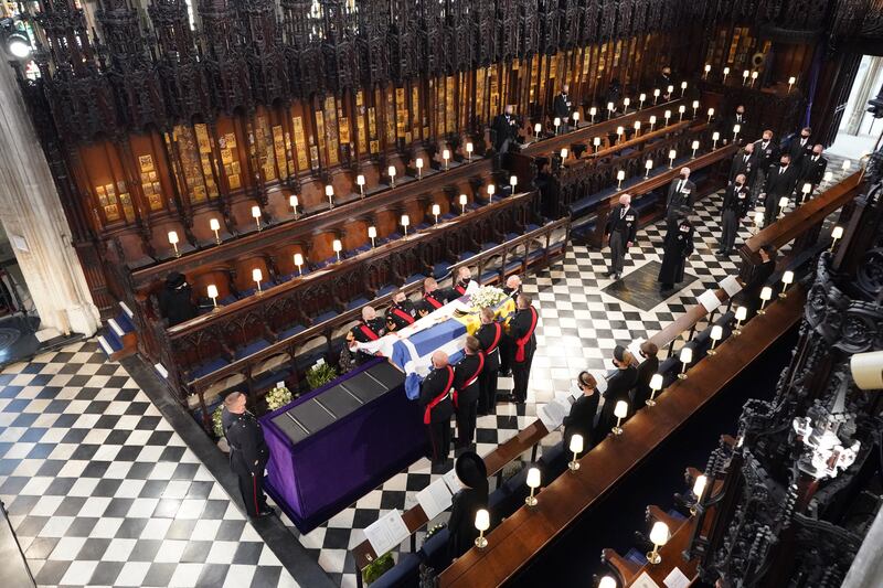 Pallbearers with the coffin of Prince Philip at Windsor Castle in April.