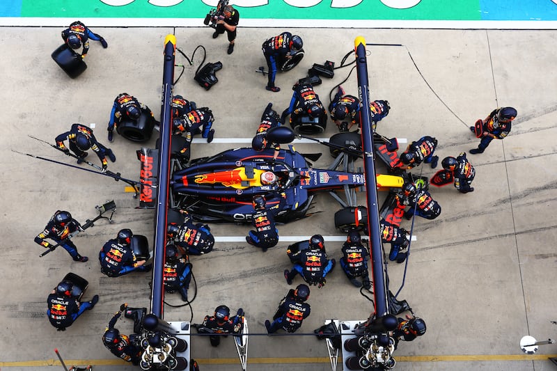 Max Verstappen of The Netherlands in a Oracle Red Bull Racing RB20 makes a pitstop during the F1 Grand Prix of China at Shanghai International Circuit. Getty Images