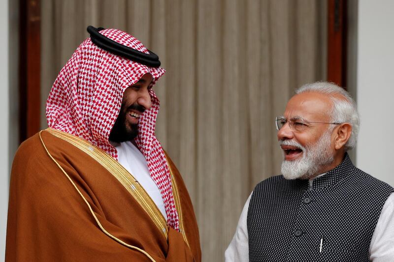 FILE PHOTO: Saudi Crown Prince Mohammed bin Salman and Indian Prime Minister Narendra Modi meet at Hyderabad House in New Delhi, India, February 20, 2019. REUTERS/Adnan Abidi/File Photo