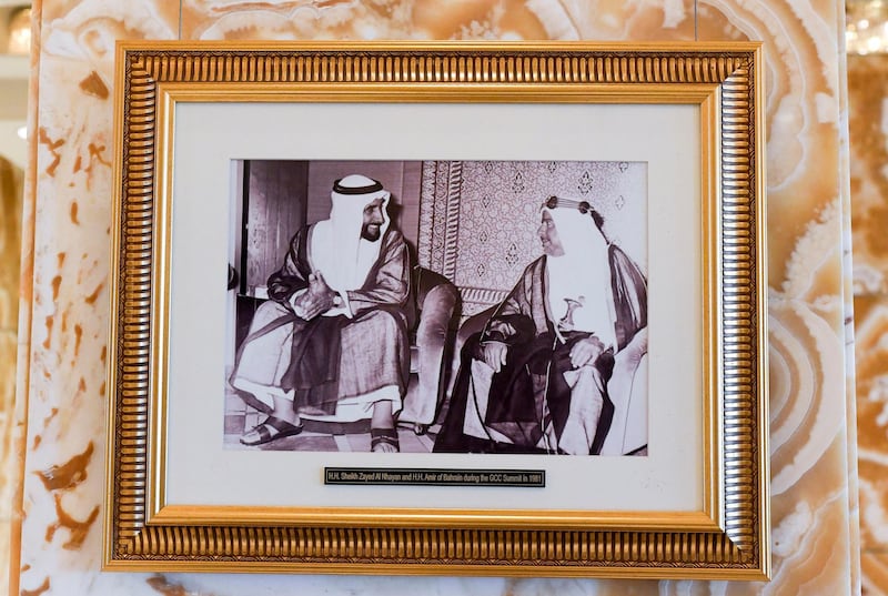 40 Year Anniversary of GCC Summit-AD  Old images displayed in the main lobby of the GCC Summit in 1981 at the InterContinental Hotel in Abu Dhabi on May 20, 2021. Khushnum Bhandari / The National 
Reporter: Kelly Clarke News