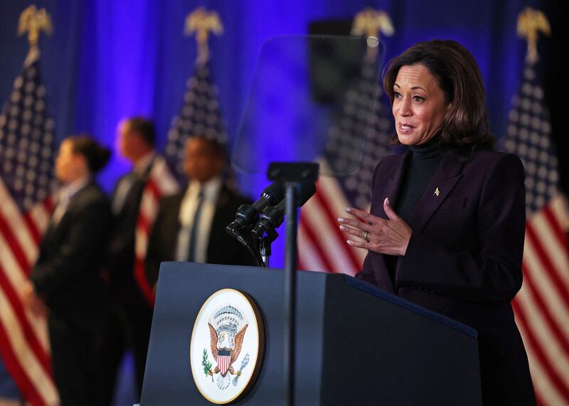 US Vice President Kamala Harris during a speech on artificial intelligence in central London. AFP