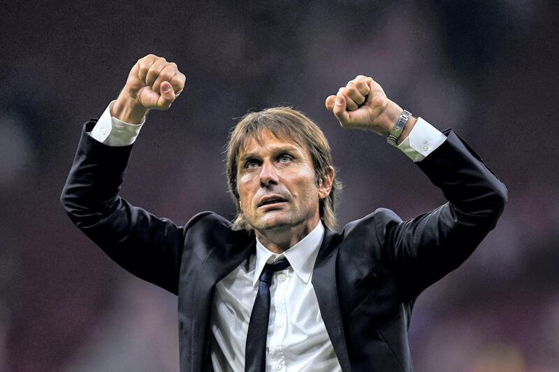 MADRID, SPAIN - SEPTEMBER 27: Coach Antonio Conte celebrates during the UEFA Champions League 2017-18 match between Atletico de Madrid and Chelsea FC at the Wanda Metropolitano on 27 September 2017, in Madrid, Spain. (Photo by Power Sport Images/Getty Images)