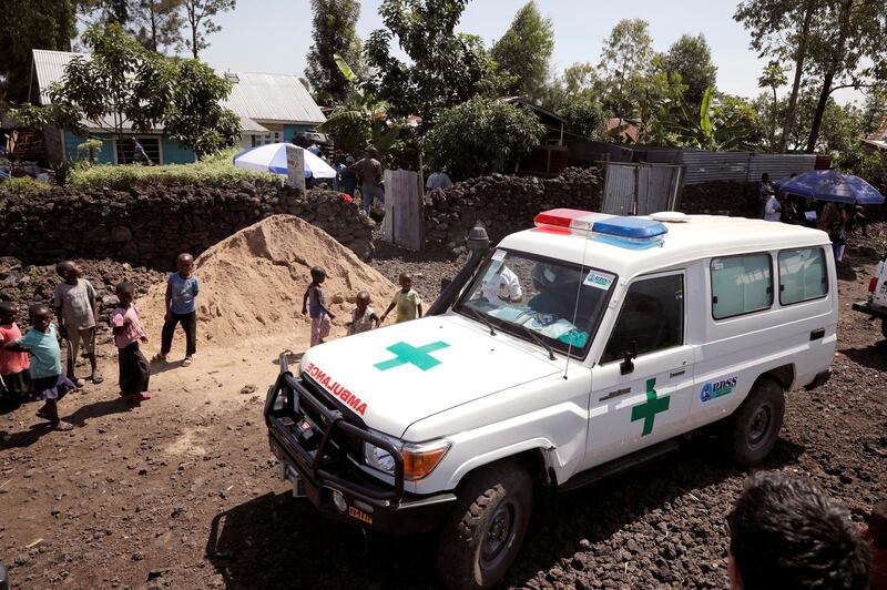 FILE PHOTO: An ambulance waits next to a health clinic to transport a suspected Ebola patient, in Goma in the Democratic Republic of Congo, August 5, 2019.REUTERS/Baz Ratner/File Photo